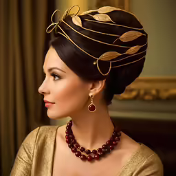a woman wearing an intricate hair piece with large leaves