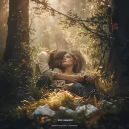 a man holding a woman in a forest