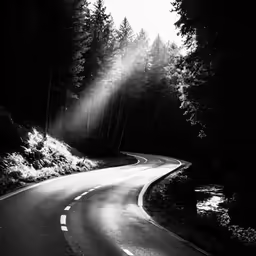 black and white photograph of street with sunbeam