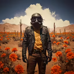 a man with a gas mask on posing in a desert