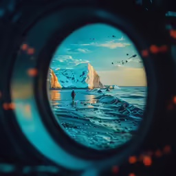 a view of the snowy land and the ocean through a lens