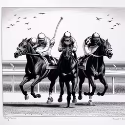 a line of jockeys on horses racing,three jockeys on horses racing down the track