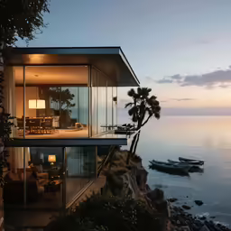 a house sitting on the shore next to the ocean