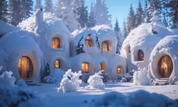 a group of houses made out of snow