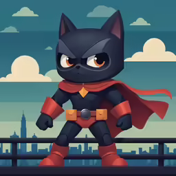 a cartoon cat dressed as batman and in costume, standing on the ground