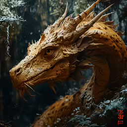 a wooden statue of a dragon is depicted in a forest