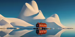 small cabin sits in the middle of water near mountains