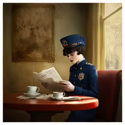 a woman in a uniform is reading and having coffee,a woman in uniform reads a magazine at a table