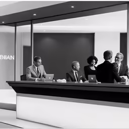 four business people in suits sit at a table