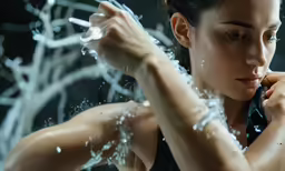 woman in black top water splashing from her arm