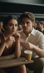 man and woman sitting next to each other at a table with drinks in hand