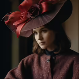 a woman in a red hat looking away