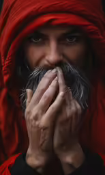 man wearing red, scarf and moustache holding hands to his mouth