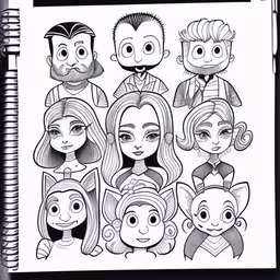 an image of the family with faces drawn in black and white,an image of a sketchbook with many faces and head shapes on it