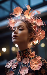 an artistic woman with big flowers in her hair