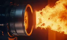 a close up shot of a machine with flames surrounding