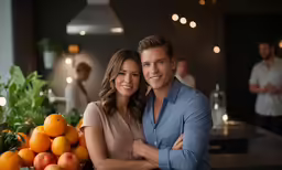 a couple posing together in front of some fruits