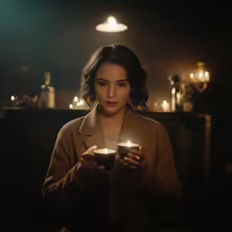 the woman holding a small cup holds candles