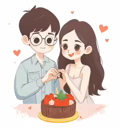 a couple standing next to each other near a cake with candles