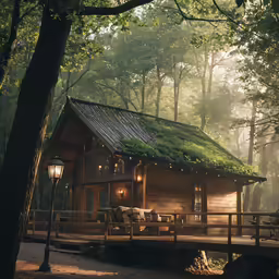 a cabin with a deck and green roof