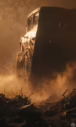 an old rusted truck driving through some dirt