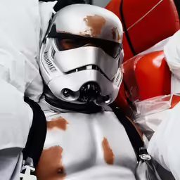 a stormtrooper costume on someones chest and wearing a helmet
