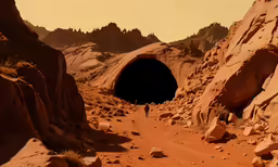 a person walking through a rocky outcropping into a cave