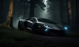 a sports car in the dark woods