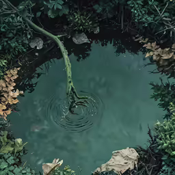 a tree is next to the water with rocks