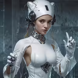 a woman in white costume and headphones