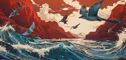 the painting depicts three seagulls flying near a mountainous setting,seagulls and mountains above the ocean as seen in this illustration