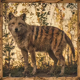the wild wolf is standing in a field in the woods