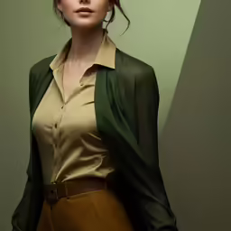 a girl in a shirt and skirt posing with her hands on her hip