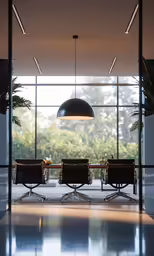 a conference room with chairs and lights is shown