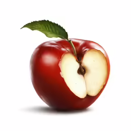 an apple with a bite missing and green leaf on top