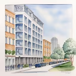 this is an artwork featuring a modern office building,a watercolor painting shows a street in front of some buildings,a building has several balconies and several cars on the street,an ink drawing of a building and trees in a city,a painting of a building and many cars on a street