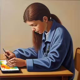 a painting of a girl writing on a notebook and holding a pencil
