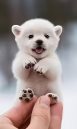 a small white puppy is standing on its hind legs