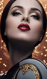 woman with red lipstick and metallic accents, with a star behind her
