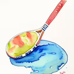 a watercolor drawing of a paddleboat in blue and green,a watercolor painting of a tennis racket on a blue plate,a drawing shows a paddle on watercolor paper,an illustration of a paddle that has been painted with watercolor,the paddle was left on a body of water