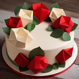 a close - up of a small cake that has four rose petals