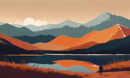 a man stands on the shore of a lake with mountains in the background,an image of a beautiful landscape of mountains