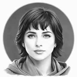 a black and white drawing of a woman with bangs