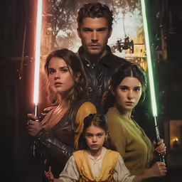 a man and two women, one holding lightsabes