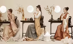 a couple of women in costumes on a chair