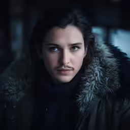 a woman in a coat with dark hair, and dark clothing with hood up and she has blue eyes, on a snowy day