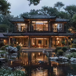 a house sitting on top of a lush green hillside next to a pond