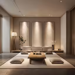 a well lit room has a modern table and seating