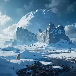 a painting depicting some mountains, rocks and a body of water