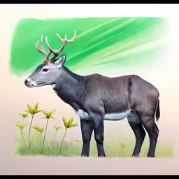 a deer in grassy area with flowers painted on it
